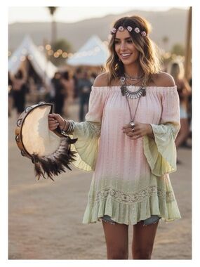 new Zury 𖡗 Metallic Thread Off Shoulder Peasant Dress 𖡗 Pink Tie Dye Ombré 𖡗